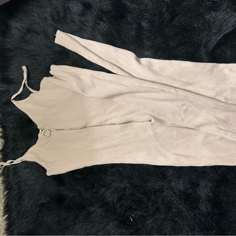 Beige Ribbed zip up jumpsuit